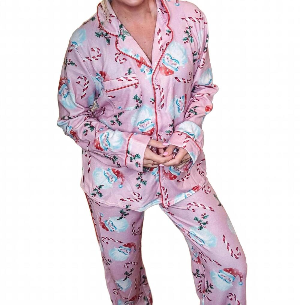 NEW PEACH LOVE santa and candy cane fleece pajama top in pink